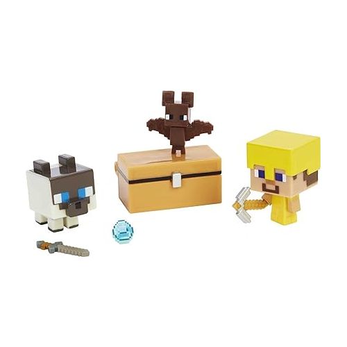 마텔 Minecraft Mob Head Minis Cave Explorers Pack with 2 Action Figures and Accessories, Steve and Creeper, Collectible Gift for Fans Age 6 Years and Older