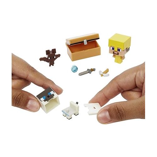 마텔 Minecraft Mob Head Minis Cave Explorers Pack with 2 Action Figures and Accessories, Steve and Creeper, Collectible Gift for Fans Age 6 Years and Older