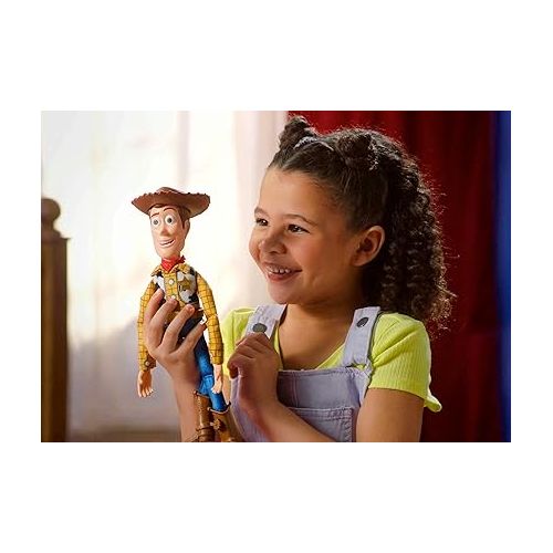 마텔 Mattel Disney Pixar Toy Story Roundup Fun Woody Large Talking Posable Figure, 12 Inches Tall with 20 Phrases Authentic Detail, Fabric Plush & Plastic