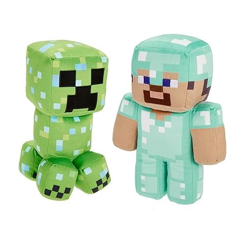 마텔 Mattel Minecraft Plush Figure 2-Pack, Steve in Diamond Armor & Charged Creeper Set with Pixelated Design