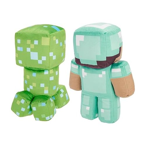 마텔 Mattel Minecraft Plush Figure 2-Pack, Steve in Diamond Armor & Charged Creeper Set with Pixelated Design