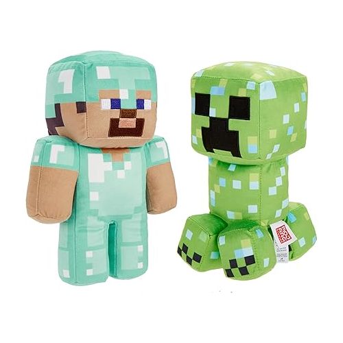 마텔 Mattel Minecraft Plush Figure 2-Pack, Steve in Diamond Armor & Charged Creeper Set with Pixelated Design