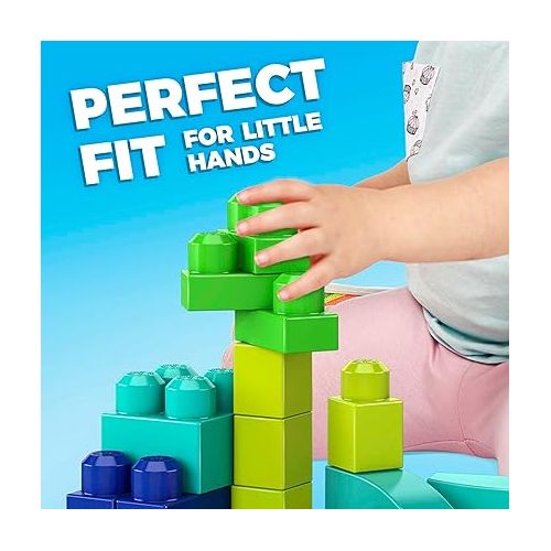 마텔 MEGA Bloks Fisher-Price Toddler Blocks Toys Set, Build ‘n Play Bag with 60 Plant-Based Pieces and Storage, Blue, Ages 1+ Years