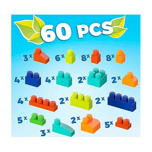 마텔 MEGA Bloks Fisher-Price Toddler Blocks Toys Set, Build ‘n Play Bag with 60 Plant-Based Pieces and Storage, Blue, Ages 1+ Years