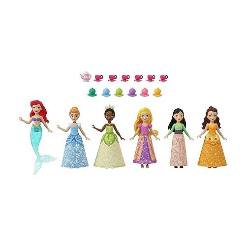 마텔 Mattel Disney Princess Toys, Small Doll Party Set with 6 Posable Princess Dolls in Sparkling Clothing & 13 Tea Time Accessories