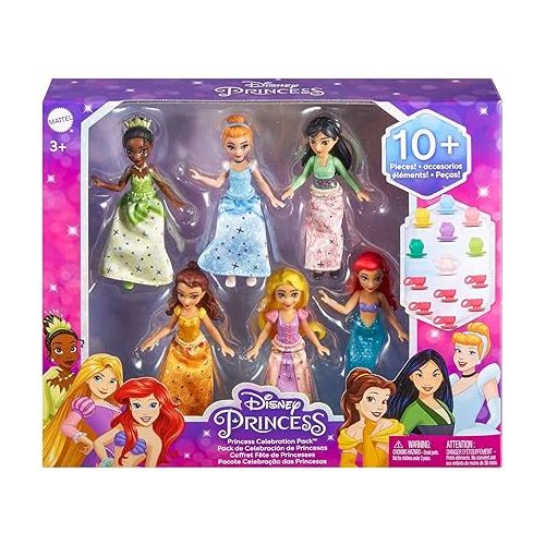 마텔 Mattel Disney Princess Toys, Small Doll Party Set with 6 Posable Princess Dolls in Sparkling Clothing & 13 Tea Time Accessories