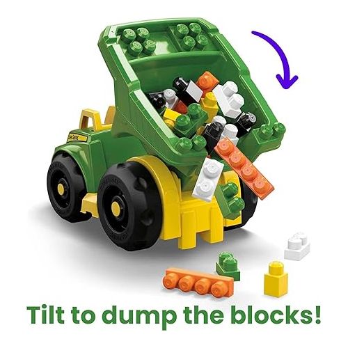마텔 MEGA BLOKS John Deere Toddler Blocks Building Toy, Dump Truck with 25 Pieces, 1 Figure, Green, Fisher-Price Gift Ideas for Kids