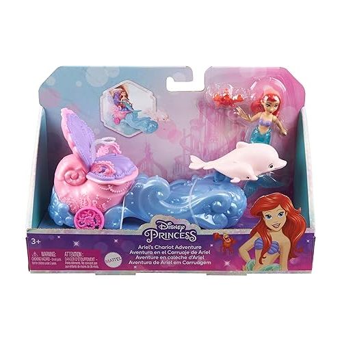 마텔 Mattel Disney Princess Ariel Mermaid Small Doll & Rolling Chariot Vehicle with 1 Friend Figure, Inspired by Mattel Disney Movie