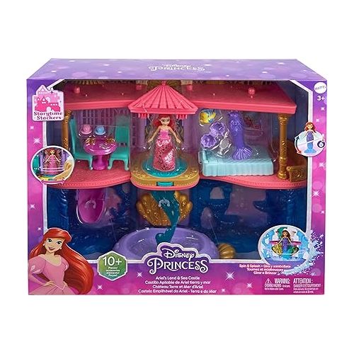 마텔 Mattel Disney Princess The Little Mermaid Toys, Ariel Doll House Stackable Castle with Land & Sea Levels, Small Doll, 1 Friend, 12 Pieces, Pool