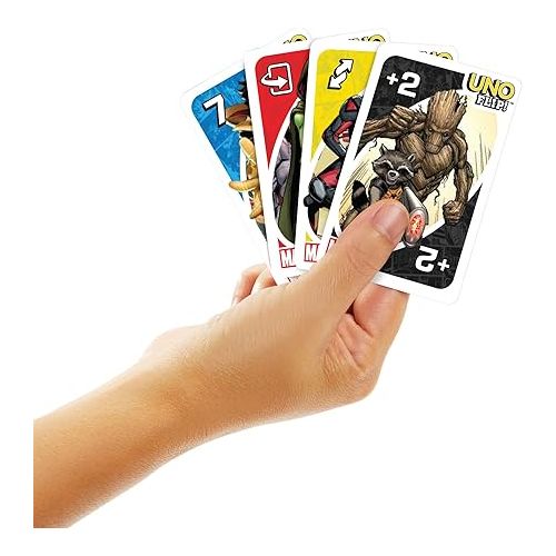 마텔 Mattel Games ?UNO Flip! Marvel Card Game for Kids, Adults & Family Night with Double-Sided Cards, Heroes vs. Villains