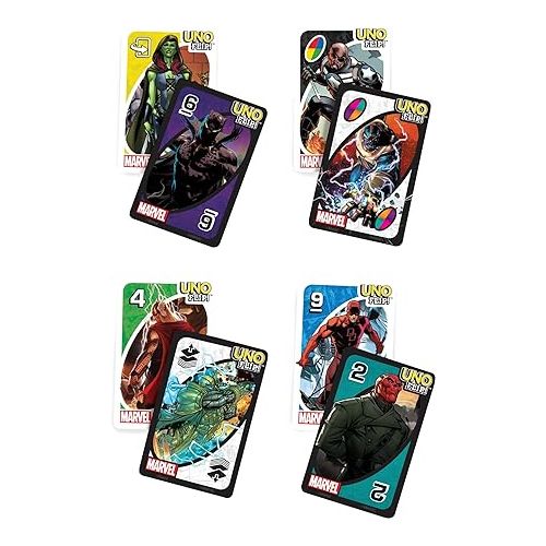 마텔 Mattel Games ?UNO Flip! Marvel Card Game for Kids, Adults & Family Night with Double-Sided Cards, Heroes vs. Villains