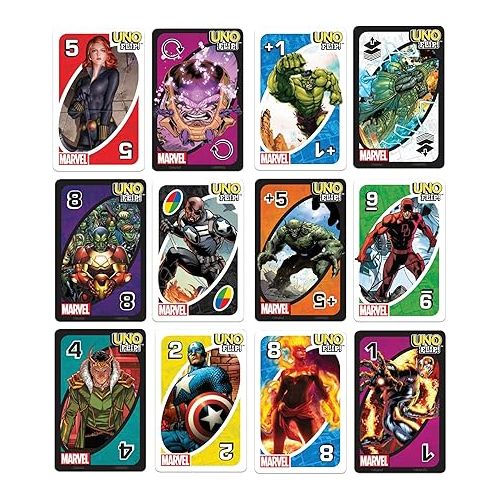 마텔 Mattel Games ?UNO Flip! Marvel Card Game for Kids, Adults & Family Night with Double-Sided Cards, Heroes vs. Villains