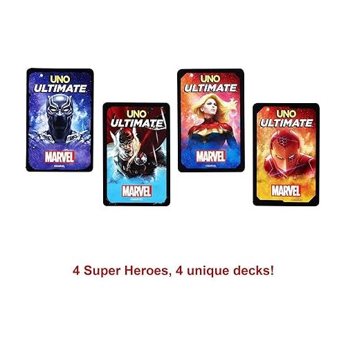 마텔 Mattel Games UNO Ultimate Marvel Card Game with 4 Character Decks, 4 Collectible Foil Cards & Special Rules, 2-4 Players, First Edition