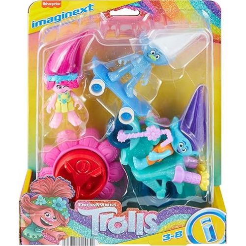 마텔 Fisher-Price Imaginext DreamWorks Trolls Toy Sparkle & Roll Pack, Poppy Branch and Guy Diamond Figures and Vehicles Set, Ages 3-8 Years