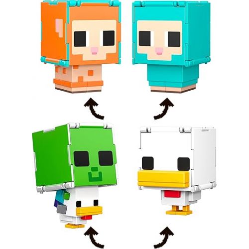 마텔 Mattel Minecraft Flippin’ Figs Sheep & Chicken Figures 2-Pack with 2-in-1 Fidget Play, Large Heads & Pixelated Design