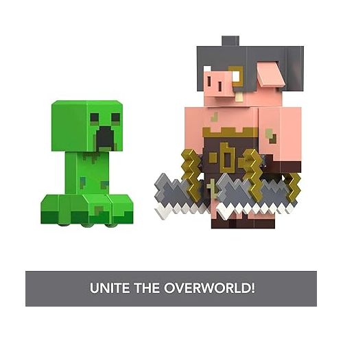 마텔 Mattel Minecraft Legends Action Figure 2-Pack, Creeper vs Piglin Bruiser Set, Attack & React Collectible Toys, 3.25-inch