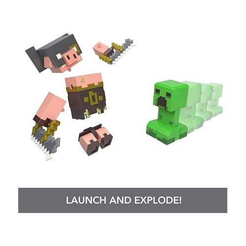 마텔 Mattel Minecraft Legends Action Figure 2-Pack, Creeper vs Piglin Bruiser Set, Attack & React Collectible Toys, 3.25-inch