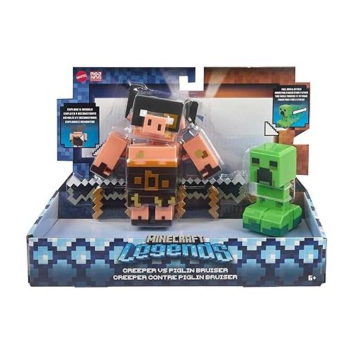 마텔 Mattel Minecraft Legends Action Figure 2-Pack, Creeper vs Piglin Bruiser Set, Attack & React Collectible Toys, 3.25-inch