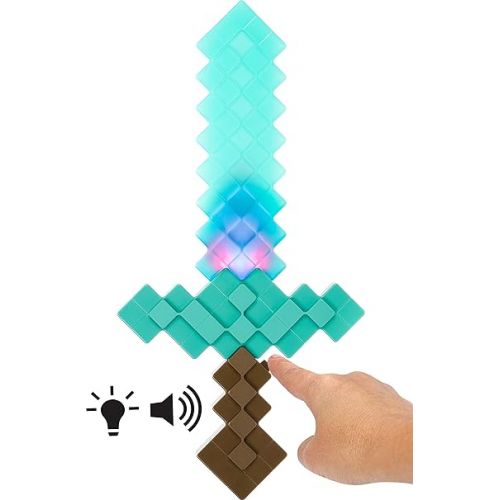 마텔 Mattel Minecraft Enchanted Diamond Sword with Lights & Sounds. Life-Size Role-Play Toy & Costume Accessory