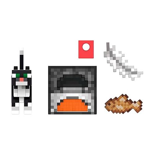 마텔 Mattel Minecraft Diamond Level Tuxedo Cat Action Figure with 4 Accessories, 5.5-in Collector Scale & Pixelated Design