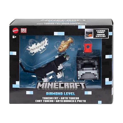 마텔 Mattel Minecraft Diamond Level Tuxedo Cat Action Figure with 4 Accessories, 5.5-in Collector Scale & Pixelated Design