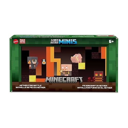 마텔 Mattel Minecraft Toys, Mob Head Mini Set with 4 Figures and Accessories, Nether Fire Battle Set, Collectible Toys for Kids