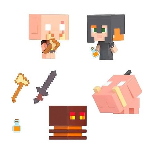 마텔 Mattel Minecraft Toys, Mob Head Mini Set with 4 Figures and Accessories, Nether Fire Battle Set, Collectible Toys for Kids