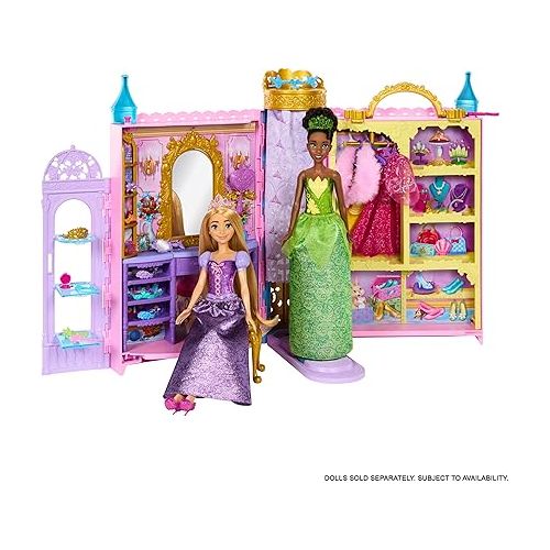 마텔 Mattel Disney Princess Toys, Doll Closet Playset with 2 Fashions, 25 Accessories, Vanity, Dressing Room, Runway & Storage, Opens to 2 Feet, Movie-Inspired