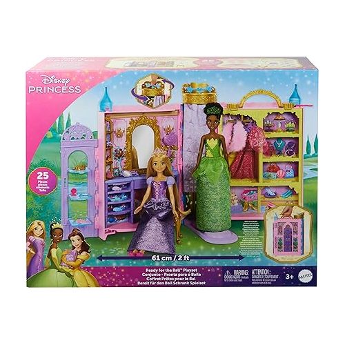 마텔 Mattel Disney Princess Toys, Doll Closet Playset with 2 Fashions, 25 Accessories, Vanity, Dressing Room, Runway & Storage, Opens to 2 Feet, Movie-Inspired
