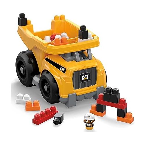 마텔 MEGA Bloks Cat Fisher-Price Toddler Blocks Building Toy, Large Dump Truck with 25 Pieces, 1 Figure, Yellow, Gift Ideas for Kids