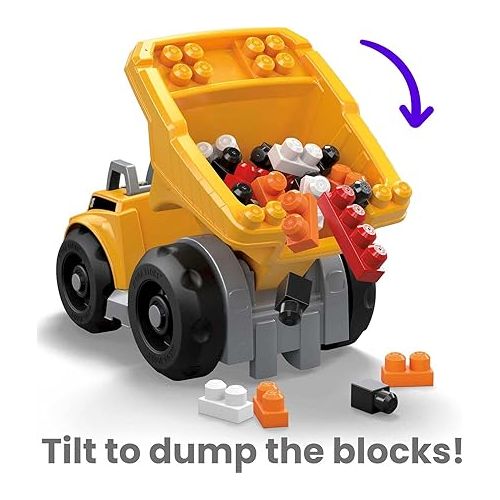 마텔 MEGA Bloks Cat Fisher-Price Toddler Blocks Building Toy, Large Dump Truck with 25 Pieces, 1 Figure, Yellow, Gift Ideas for Kids