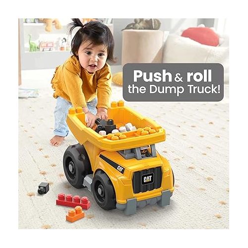 마텔 MEGA Bloks Cat Fisher-Price Toddler Blocks Building Toy, Large Dump Truck with 25 Pieces, 1 Figure, Yellow, Gift Ideas for Kids