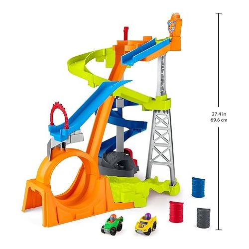 마텔 Fisher-Price Little People Hot Wheels Toddle Race Track, Spiral Stunt Speedway Playset with 2 Toy Cars, Ages 18+ Months