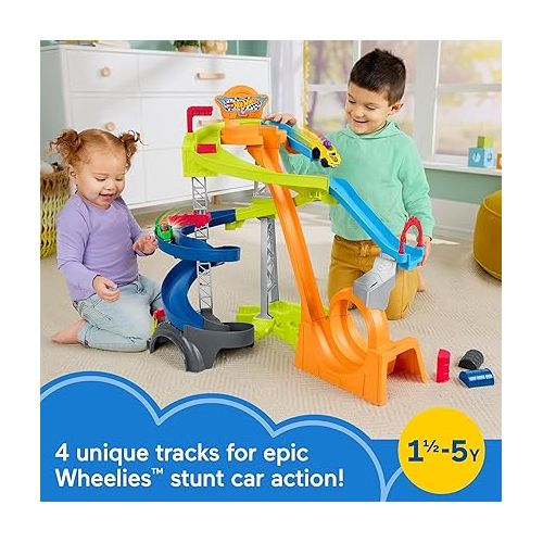 마텔 Fisher-Price Little People Hot Wheels Toddle Race Track, Spiral Stunt Speedway Playset with 2 Toy Cars, Ages 18+ Months