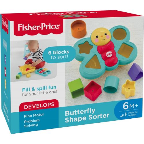 마텔 Fisher-Price Butterfly Shape Sorter, Six chunky, colorful shapes to sort  and help baby’s fine motor skills take flight