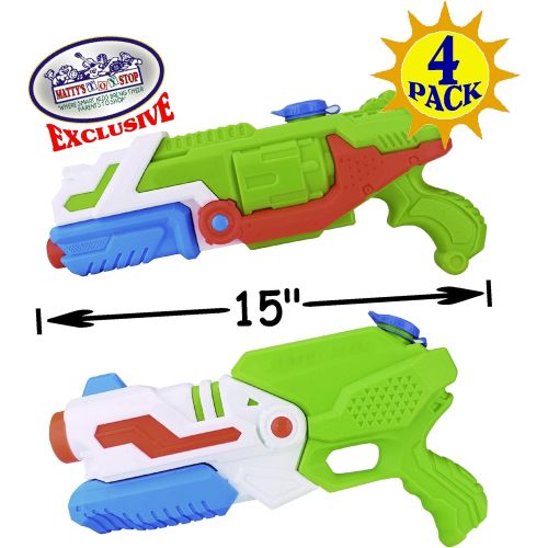  Mattys Toy Stop 15 Water Blasters (Soakers) Featuring Pump Action, 36oz Water Capacity, Easy Fill Spout & 24ft Distance Deluxe Battle Bundle - 4 Pack (Assorted Style & Colors)