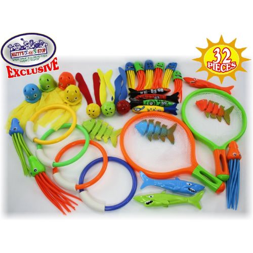  Mattys Toy Stop 32 Piece Ultimate Dive Set for Diving/Swimming Pools Featuring Dive Rings, Balls, Fish, Torpedo, Shark, Octopus, Jellyfish, Fishing Nets & Bonus Storage Bag