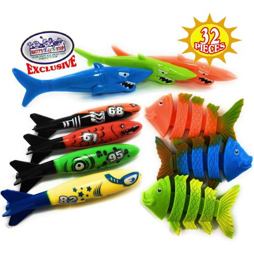  Mattys Toy Stop 32 Piece Ultimate Dive Set for Diving/Swimming Pools Featuring Dive Rings, Balls, Fish, Torpedo, Shark, Octopus, Jellyfish, Fishing Nets & Bonus Storage Bag