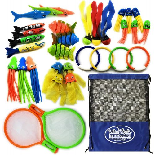  Mattys Toy Stop 32 Piece Ultimate Dive Set for Diving/Swimming Pools Featuring Dive Rings, Balls, Fish, Torpedo, Shark, Octopus, Jellyfish, Fishing Nets & Bonus Storage Bag