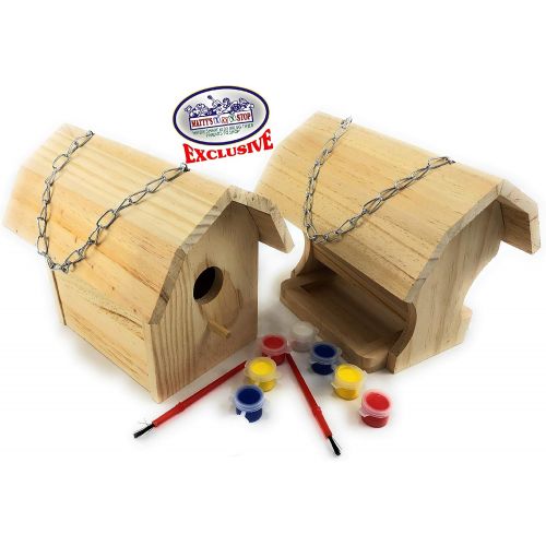  Mattys Toy Stop Paint A Barn Wooden Birdhouse & Bird Feeder (Includes Paints & Brushes) Gift Set Bundle 2 Pack