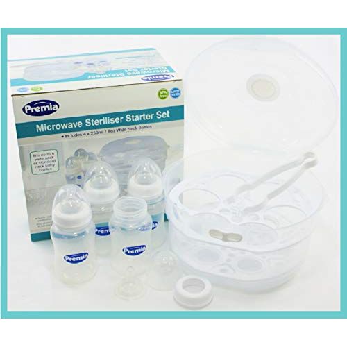  Mattys Toy Stop Premia Deluxe Microwave Steam Sterilizer Starter Set Includes 4 (8oz/250ml) Wide Neck Baby Bottles, Sterilizing Tongs & 2 Racks -Fits up to 6 Wide Neck or Standard Size Bottles