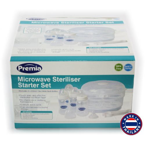  Mattys Toy Stop Premia Deluxe Microwave Steam Sterilizer Starter Set Includes 4 (8oz/250ml) Wide Neck Baby Bottles, Sterilizing Tongs & 2 Racks -Fits up to 6 Wide Neck or Standard Size Bottles