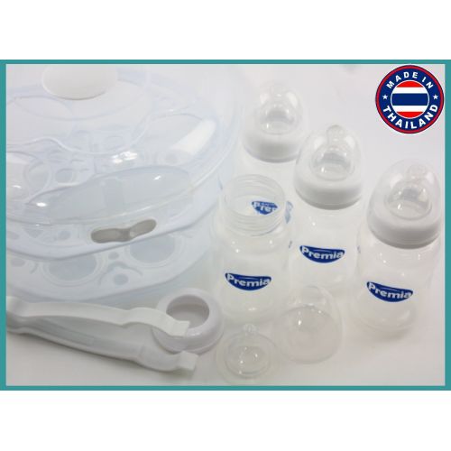  Mattys Toy Stop Premia Deluxe Microwave Steam Sterilizer Starter Set Includes 4 (8oz/250ml) Wide Neck Baby Bottles, Sterilizing Tongs & 2 Racks -Fits up to 6 Wide Neck or Standard Size Bottles