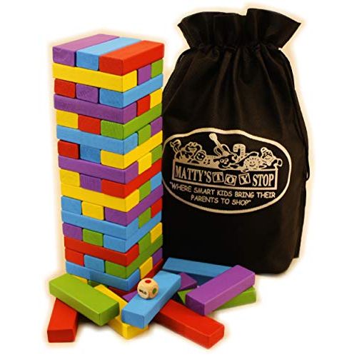  [아마존베스트]Matty's Toy Stop Mattys Mix-Up 60pc Large Colorful Wooden Tumble Tower Deluxe Stacking Game with Storage Bag