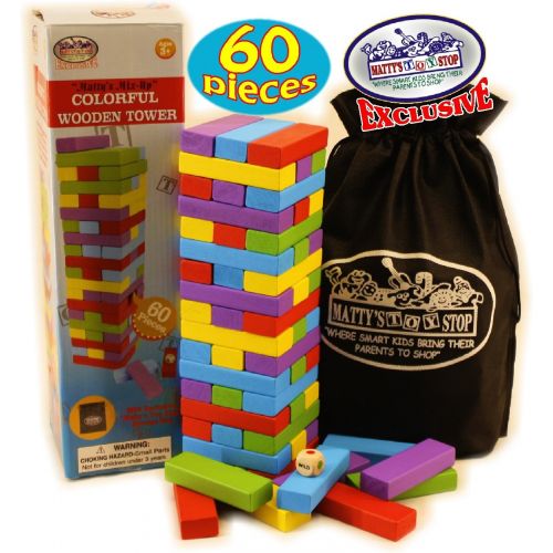  [아마존베스트]Matty's Toy Stop Mattys Mix-Up 60pc Large Colorful Wooden Tumble Tower Deluxe Stacking Game with Storage Bag