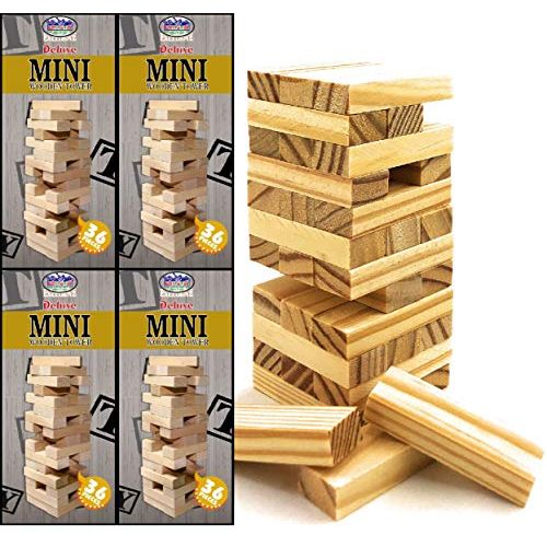  [아마존베스트]Matty's Toy Stop Mini Wooden Tower 36 Piece Stacking Game (4.25) Gift Set Party Favor Bundle - 4 Pack