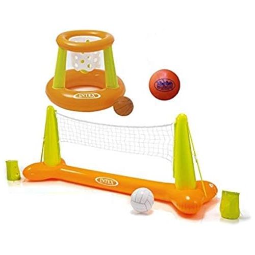 인텍스 Intex Floating Pool Volleyball Game & Floating Hoops Basketball Game with Exclusive Mattys Toy Stop 4.25 Vinyl Basketball Gift Set Bundle - 3 Pack - Colors May Vary