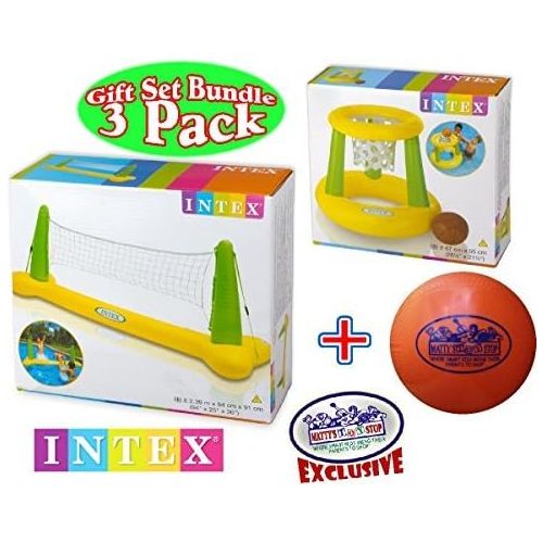 인텍스 Intex Floating Pool Volleyball Game & Floating Hoops Basketball Game with Exclusive Mattys Toy Stop 4.25 Vinyl Basketball Gift Set Bundle - 3 Pack - Colors May Vary