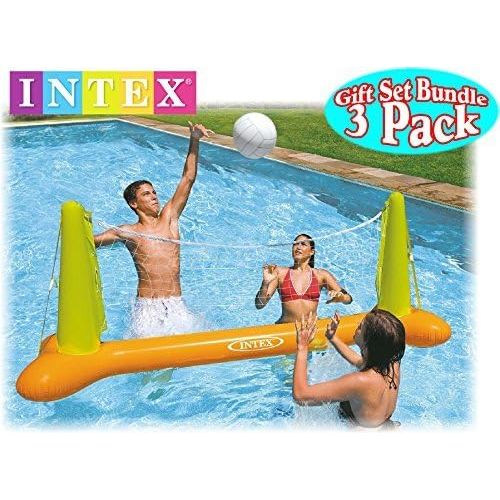 인텍스 Intex Floating Pool Volleyball Game & Floating Hoops Basketball Game with Exclusive Mattys Toy Stop 4.25 Vinyl Basketball Gift Set Bundle - 3 Pack - Colors May Vary