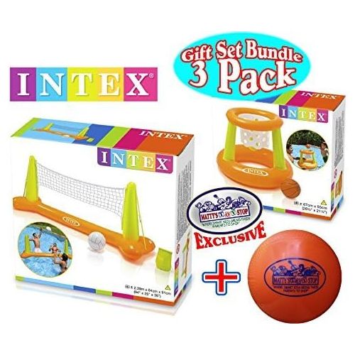 인텍스 Intex Floating Pool Volleyball Game & Floating Hoops Basketball Game with Exclusive Mattys Toy Stop 4.25 Vinyl Basketball Gift Set Bundle - 3 Pack - Colors May Vary